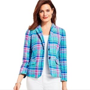 Talbots Madras Plaid Two Button Blazer Linen Cotton Blend Classic Summer Sz.8